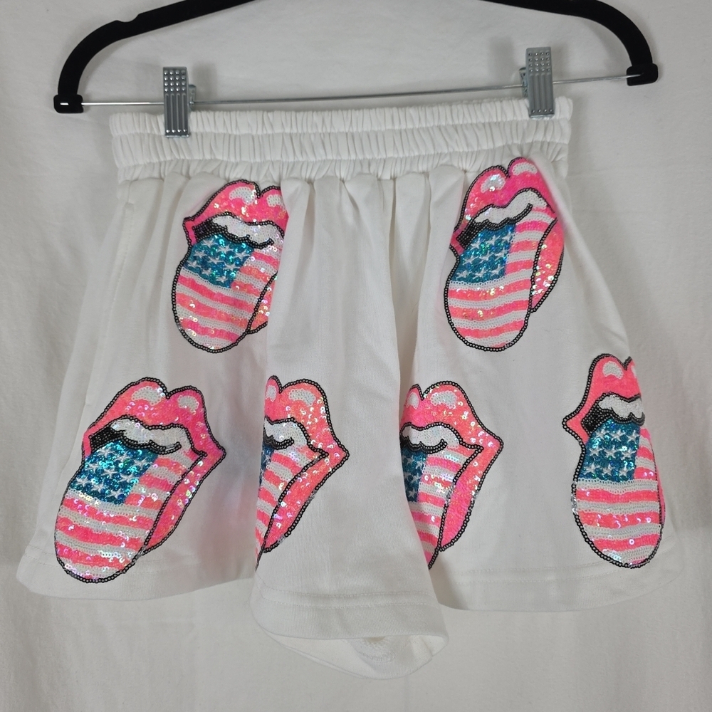Rolling Stones Lips Embellished Sequin White Shorts Womens Small Fantastic Fawn